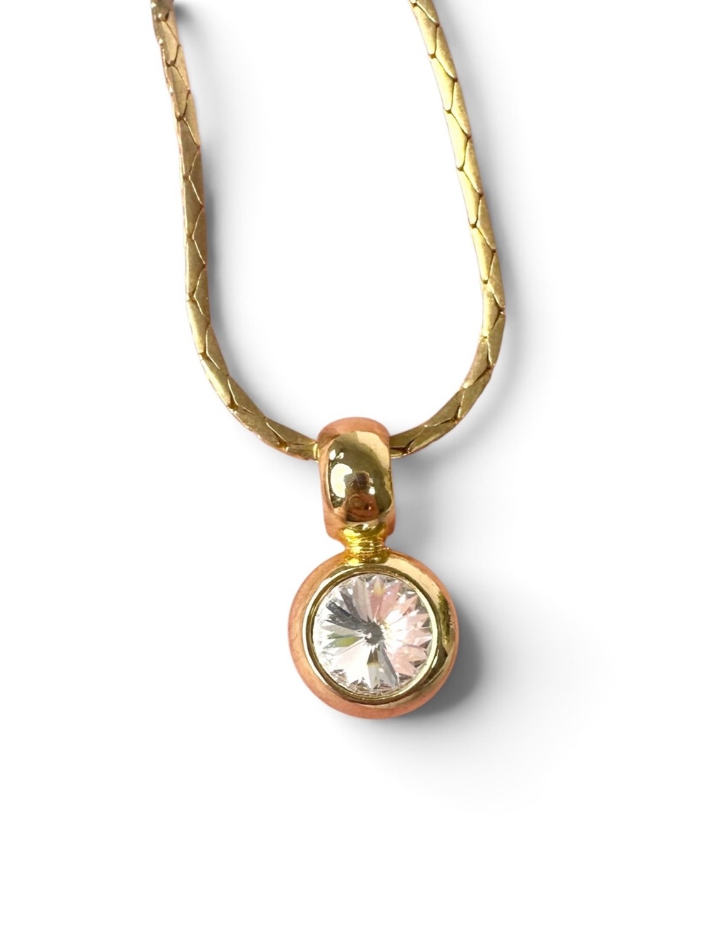 💛 Gold Tone Bezel-set Crystal Pendant on Flat Snake Chain